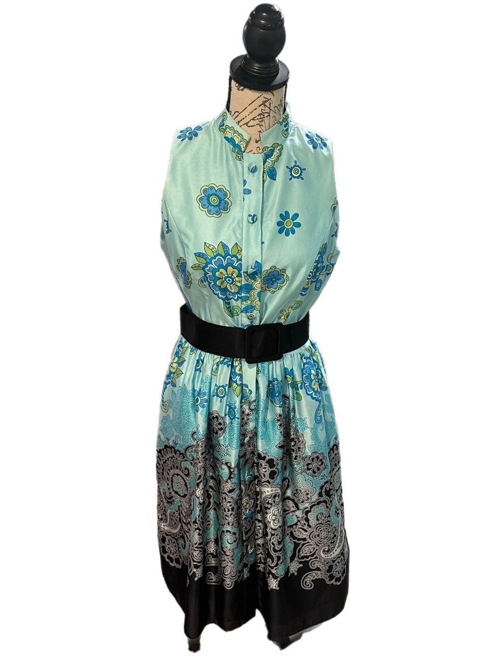 Adrianna Papell Blue Silk Blend Paisley Button Dress Sz 10 Great Cond. Retro